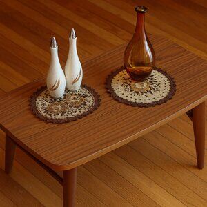 Vintage Set of 2 MCM Floral Embroidered Lace Doilies Round & Oval Beige & Brown